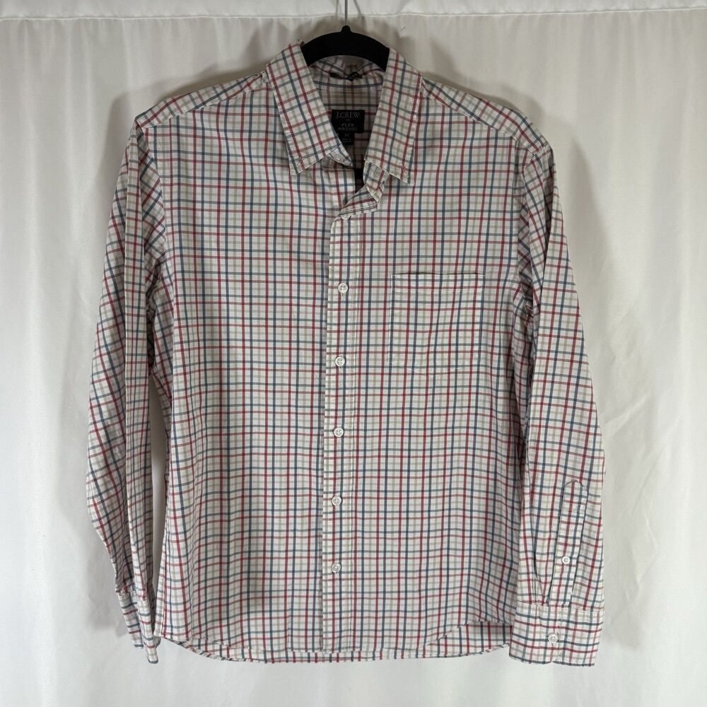 J. Crew Flex Washed Shirt Men's Medium White Red Plaid Slim Untucked Long Sleeve